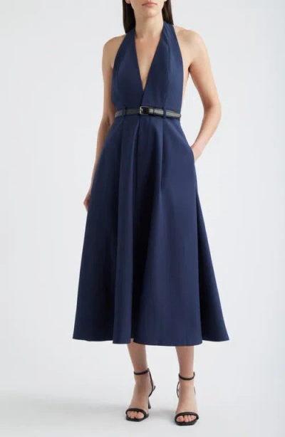 Freemarket Plunge Halter Neck Belted Midi Dress In Blue