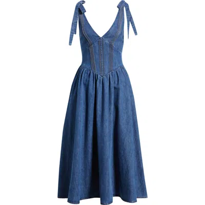 Freemarket Plunge Neck Tie Shoulder Denim Midi Dress In Blue