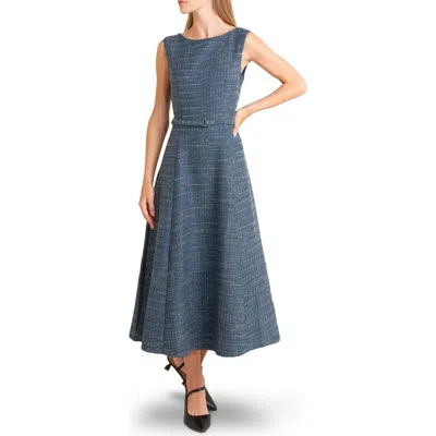 Freemarket Sequin Belted Tweed Midi Dress In Blue