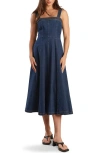 Freemarket Sleeveless Washed Denim Fit & Flare Midi Dress In Denim