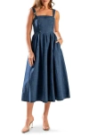 Freemarket Sleeveless Washed Denim Fit & Flare Midi Dress In Medium Denim