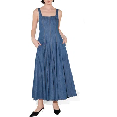 Freemarket Square Neck A-line Cotton Blend Midi Dress In Blue