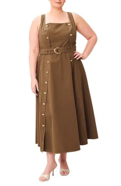 Freemarket Square Neck Cotton Midi Dress With Belt In Brown
