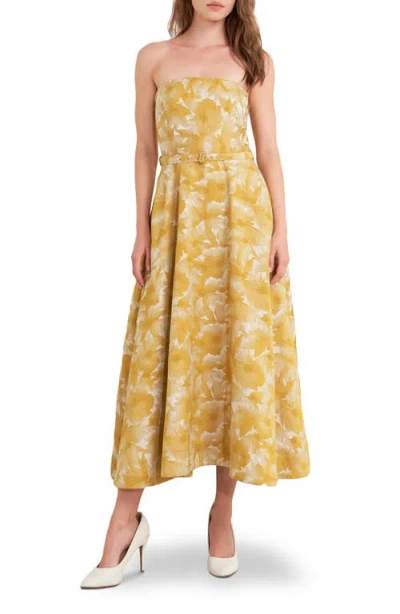 Freemarket Strapless Floral Jacquard Midi Dress In Yellow