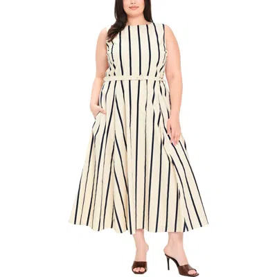 Freemarket Striped Cotton Midi Dress In Ecru/ Navy