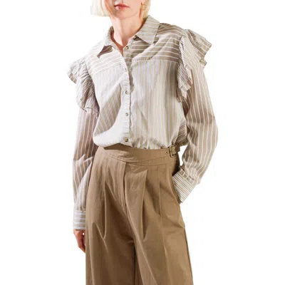 Freemarket Striped Ruffle Shoulder Button-front Shirt In Taupe