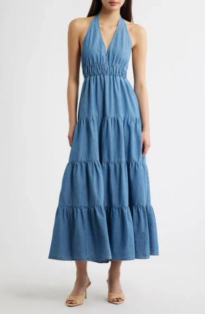 Freemarket Tiered Denim Halter Midi Dress In Blue