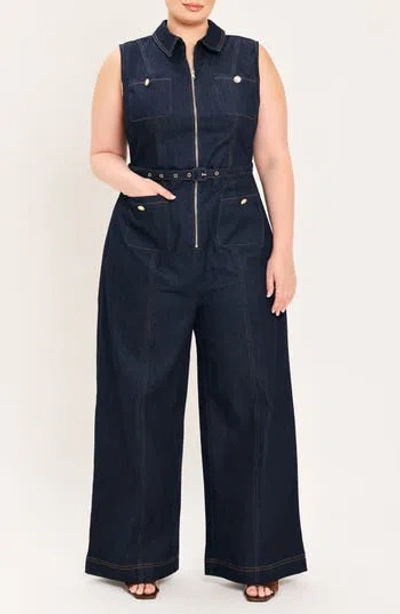 Freemarket Zip Front Wide Leg Denim Jumpsuit In Dark Denim