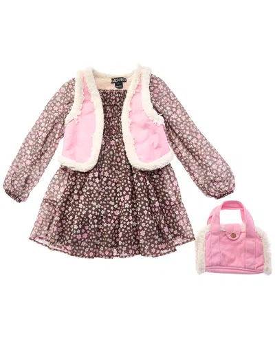Freestyle Kids' 3pc Pretty Kitty Chiffon Dress Set In Brown