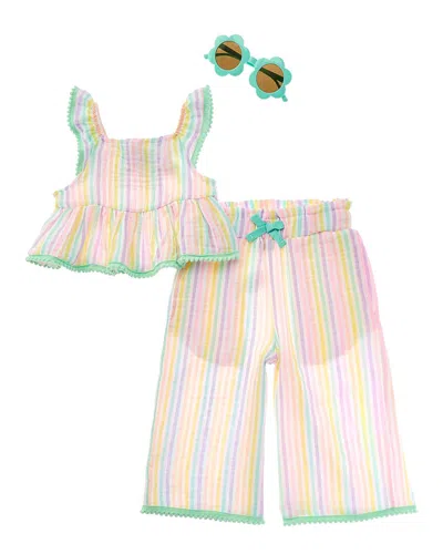 Freestyle Kids' 3pc Rainbow Crinkle Woven Capri Set In Pink