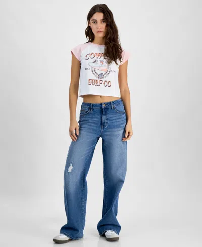 Freeze 24-7 Juniors' Cowgirl Surf Graphic Raglan T-shirt In White,pink