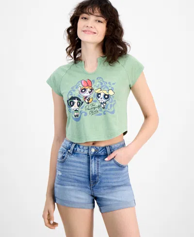 Freeze 24-7 Juniors' Powerpuff Girls Embellished Raglan Baby Tee In Light Green