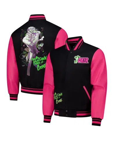Freeze Max Men's Black/pink Batman Joker Full-zip Varsity Jacket In Black,pink