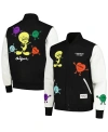 FREEZE MAX MEN'S FREEZE MAX BLACK, WHITE LOONEY TUNES POSITIVE ENERGY TWEETY BIRD FULL-ZIP VARSITY JACKET