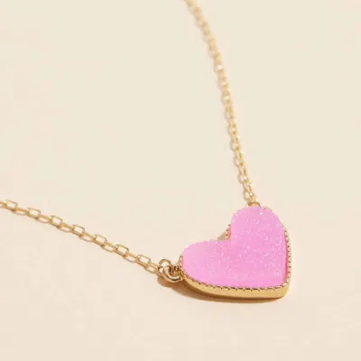 Frem Women's Heart Druzy Stone Charm Short Necklace In Pink Sparkle In Gold