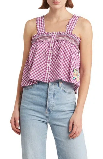 French Connection Adla Gingham Smocked Top In Vivid Viola/line Wht