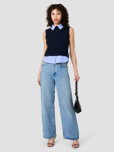 French Connection Aleyna Knit Poplin Collared Vest In Marine Blue Combo