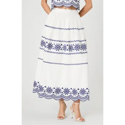 French Connection Alissa Embroidered Midi Skirt In White Electric Blue