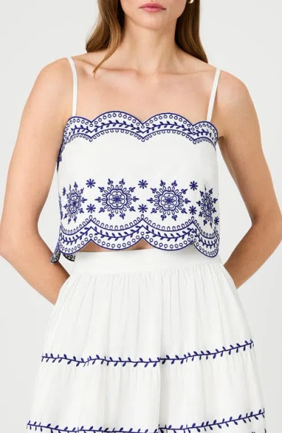 French Connection Alissa Cotton Embroidered Strappy Top In White Electric Blue