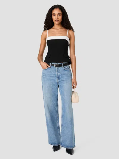 French Connection Azra Combo Carey Foldover Strappy Top In Black/porcelain Cream