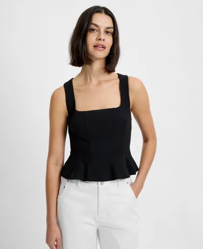 French Connection Azra Square Neck Sleeveless Peplum Top In Black