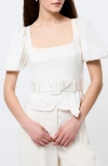 French Connection Belted Puff Sleeve Sateen Top In White