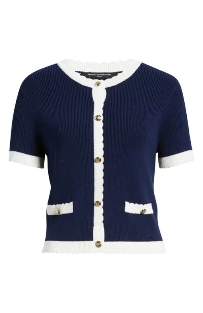 French Connection Bennet Short Sleeve Rib Cardigan In Blue
