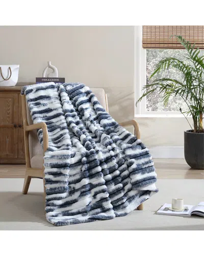 French Connection Blue Abstract Printed Ribbed Fluffy Throw Blanket In Multi