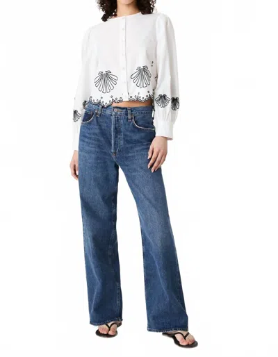French Connection Cambria Embroidered Long Sleeve Blouse In White/ Navy