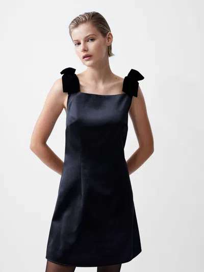 French Connection Carey Velvet Bow Straps Satin Mini Dress Blackout