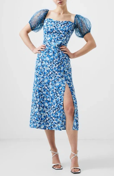 French Connection Clara Floral Puff Sleeve Midi Dress In Midnight Blue