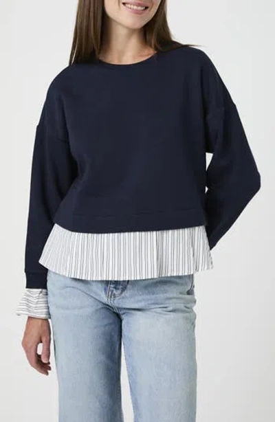 French Connection Cotton Crewneck Mixed Media Sweater In Navy/ White Blue Stripes