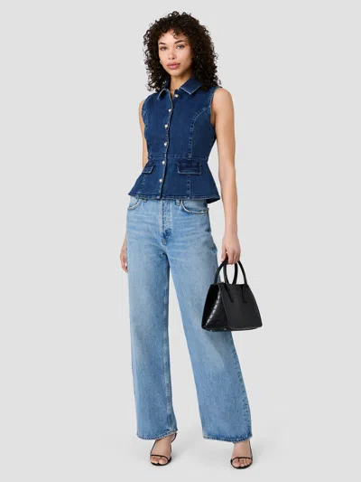 French Connection Delancey Denim Button Front Peplum Top In Blue