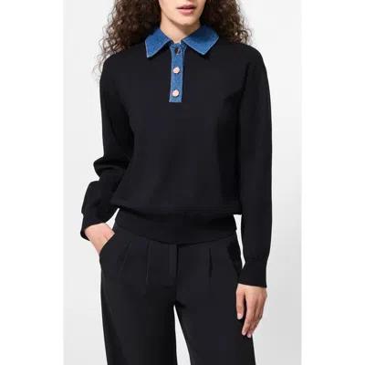 French Connection Denim Collar Sweater In Black