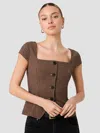 French Connection Diana Textured Gingham Button Front Top In Chestnut Brown