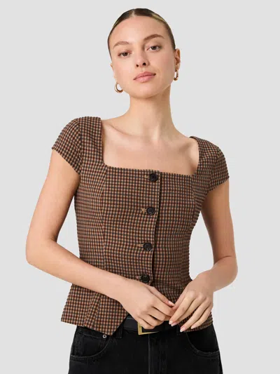 French Connection Diana Textured Gingham Button Front Top In Chestnut Brown
