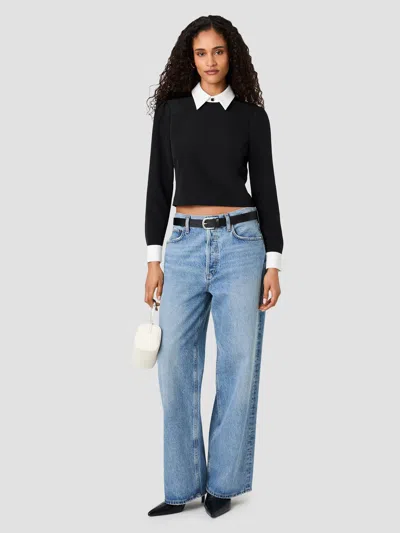 French Connection Echo Crepe Collared Long Sleeve Top In Porcelain Multi
