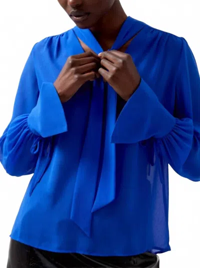 French Connection Eden Long Sleeve Tie Neck Top In Chroma Blue In Multi