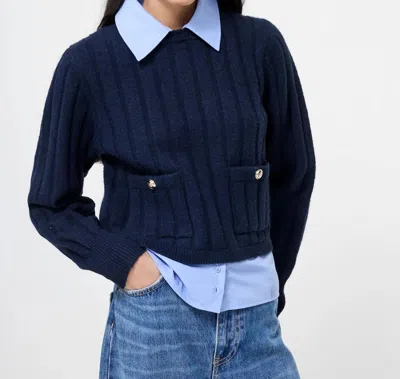FRENCH CONNECTION ELLIE KNIT COLLARED PULLOVER SWEATER IN NAVY BLUE