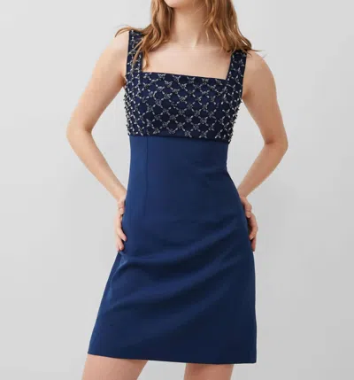 FRENCH CONNECTION EMBRODERIED DARCY CREPE DRESS IN MIDNIGHT BLUE