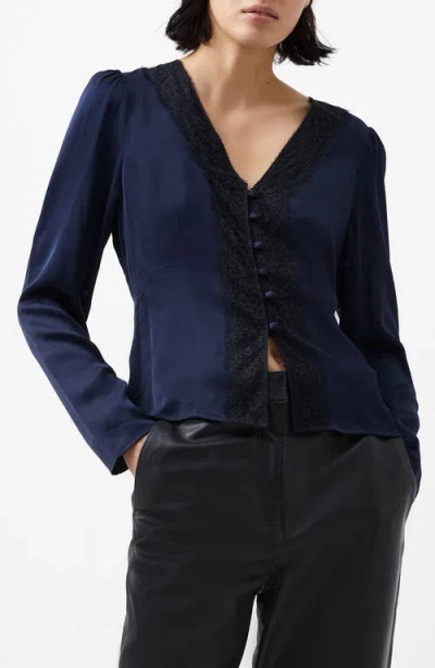 French Connection Ennis Lace Trim Satin Button-up Top In Marine-black