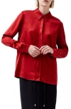 French Connection Ennis Satin Button-up Shirt In Burgundy