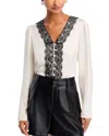 French Connection Ennis Satin Lace Trim Blouse In Classic Cream
