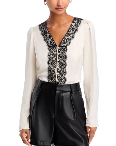 French Connection Ennis Satin Lace Trim Blouse In Classic Cream,black