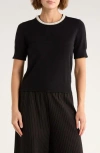 French Connection Faux Pearl Trim Short Sleeve Sweater In Black
