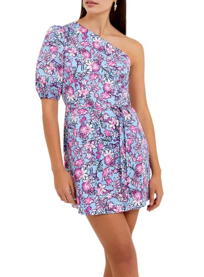French Connection Fontini One Shoulder Puff Sleeve Mini Dress In Blue Placid In Multi
