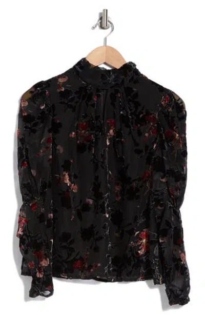 French Connection Guthern Floral Burout Puff Sleeve Top In Black