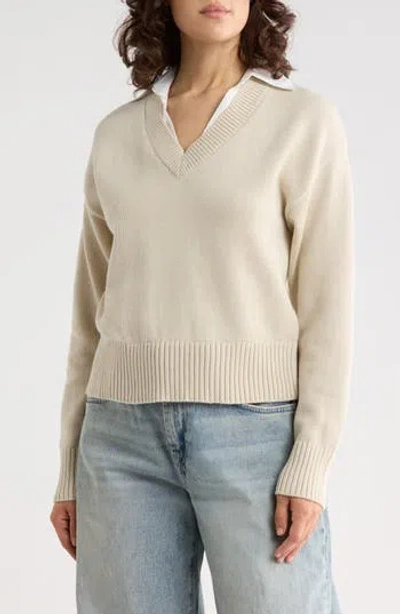 French Connection Isabella Contrast Collar Sweater In Oatmeal/ Linen White