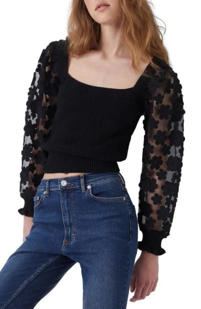 French Connection Juri Mozard Caballo Lace Sleeve Cotton Sweater In Black