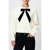 French Connection Kitty Bobble Velvet Bow Cardigan In White